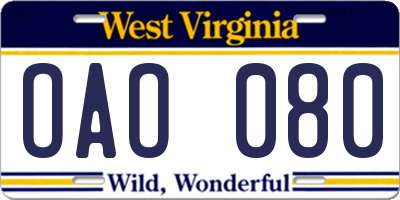 WV license plate OAO080