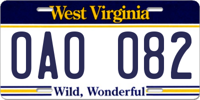WV license plate OAO082