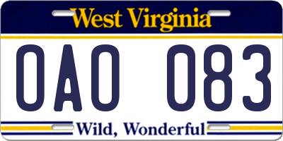 WV license plate OAO083