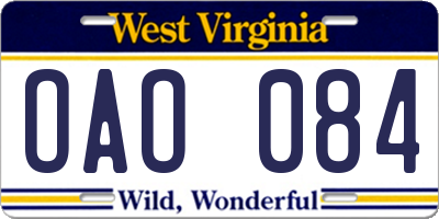 WV license plate OAO084