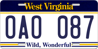 WV license plate OAO087