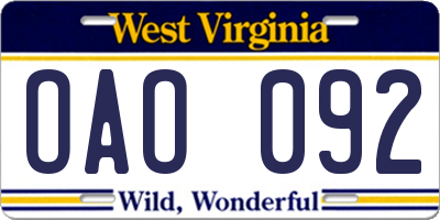 WV license plate OAO092