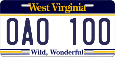 WV license plate OAO100