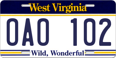 WV license plate OAO102