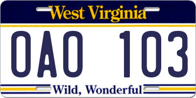 WV license plate OAO103