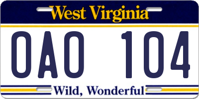 WV license plate OAO104