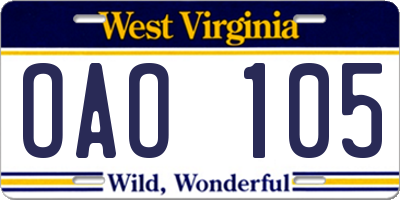 WV license plate OAO105