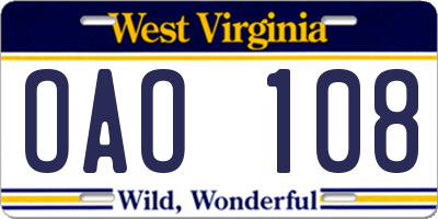 WV license plate OAO108