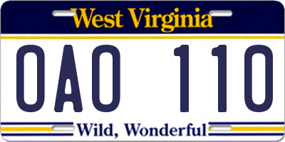 WV license plate OAO110