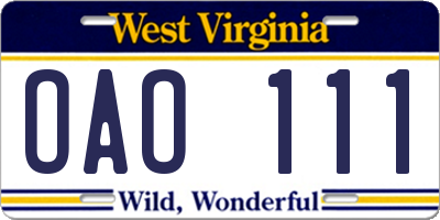 WV license plate OAO111