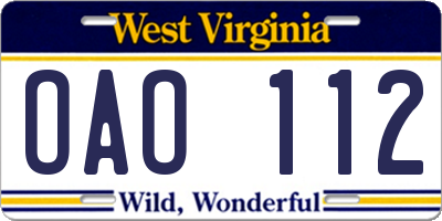 WV license plate OAO112