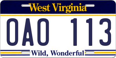 WV license plate OAO113