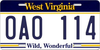 WV license plate OAO114