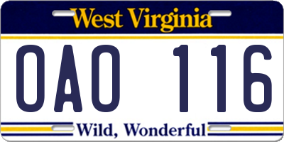 WV license plate OAO116