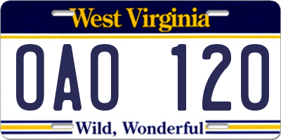 WV license plate OAO120