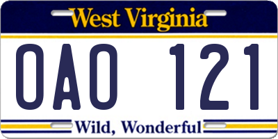 WV license plate OAO121
