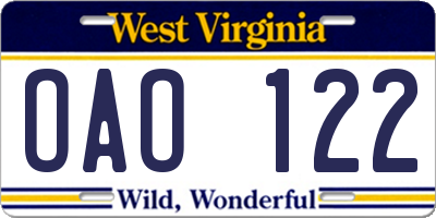 WV license plate OAO122