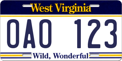 WV license plate OAO123