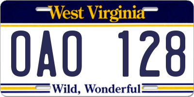 WV license plate OAO128