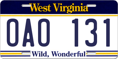 WV license plate OAO131