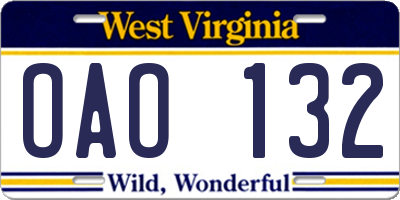 WV license plate OAO132