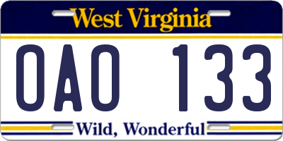 WV license plate OAO133