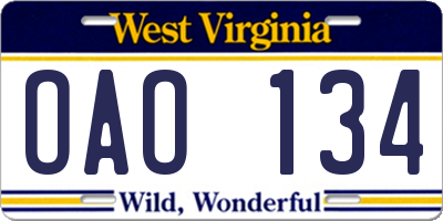 WV license plate OAO134