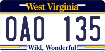 WV license plate OAO135