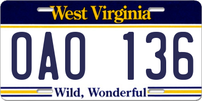WV license plate OAO136