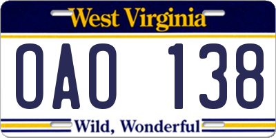 WV license plate OAO138
