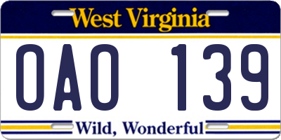 WV license plate OAO139