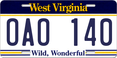 WV license plate OAO140