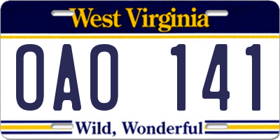 WV license plate OAO141