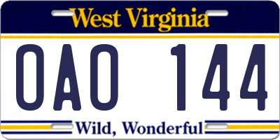 WV license plate OAO144