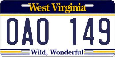 WV license plate OAO149