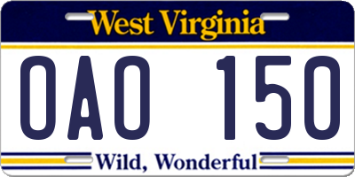 WV license plate OAO150