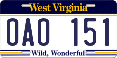 WV license plate OAO151