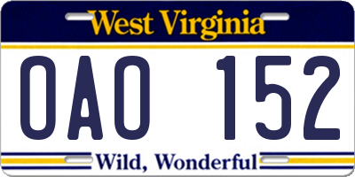 WV license plate OAO152
