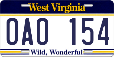 WV license plate OAO154