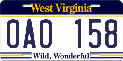 WV license plate OAO158