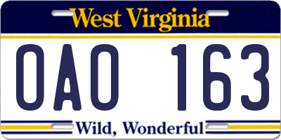 WV license plate OAO163
