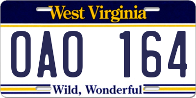WV license plate OAO164