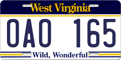 WV license plate OAO165