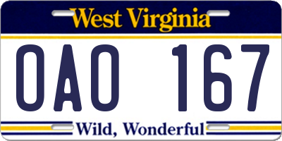WV license plate OAO167