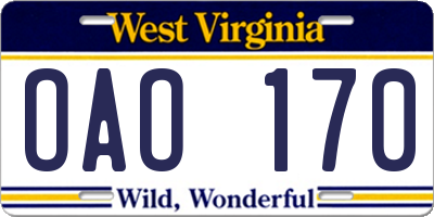WV license plate OAO170