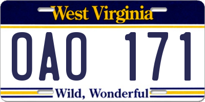 WV license plate OAO171
