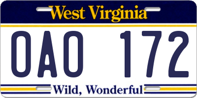 WV license plate OAO172
