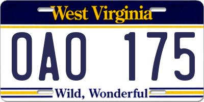 WV license plate OAO175