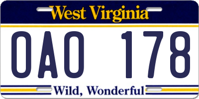 WV license plate OAO178