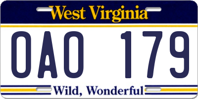 WV license plate OAO179